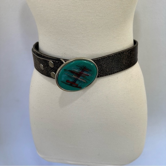 VERA PELLE Made in Italy Women’s Black Textured Leather Belt Statement Buckle L - Picture 1 of 7